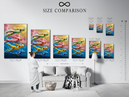 Size comparison chart for the Swimming Pool Art Print displayed in an interior setting. Visualize the perfect fit for your space. Choose from various sizes to suit your home gym or recreation room. Elevate your interior with this contemporary art.
