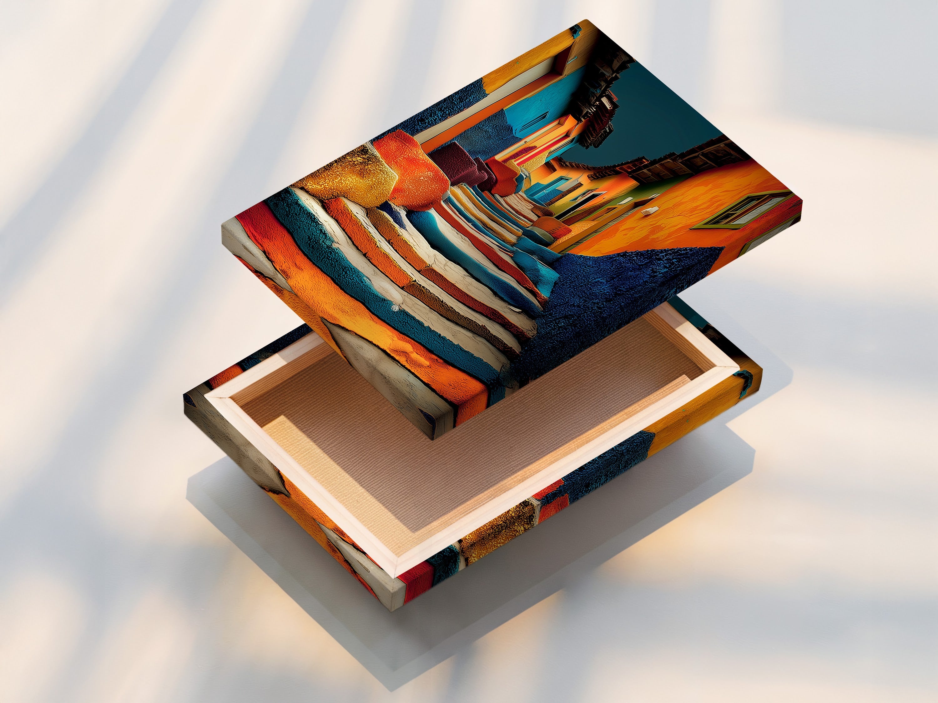 This image features a stretched canvas print. The artwork showcases colorful stairs and buildings. The canvas print is stretched perfectly. It is ready to hang. The texture of the canvas adds depth to the artwork. A great option for a gallery-wrapped look.