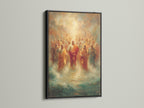 The religious art canvas print of Jesus Christ with Apostles is presented in a sleek black frame. This christian artwork offers a modern touch to spiritual home decor. A perfect piece for those seeking to infuse their space with faith-inspired art.