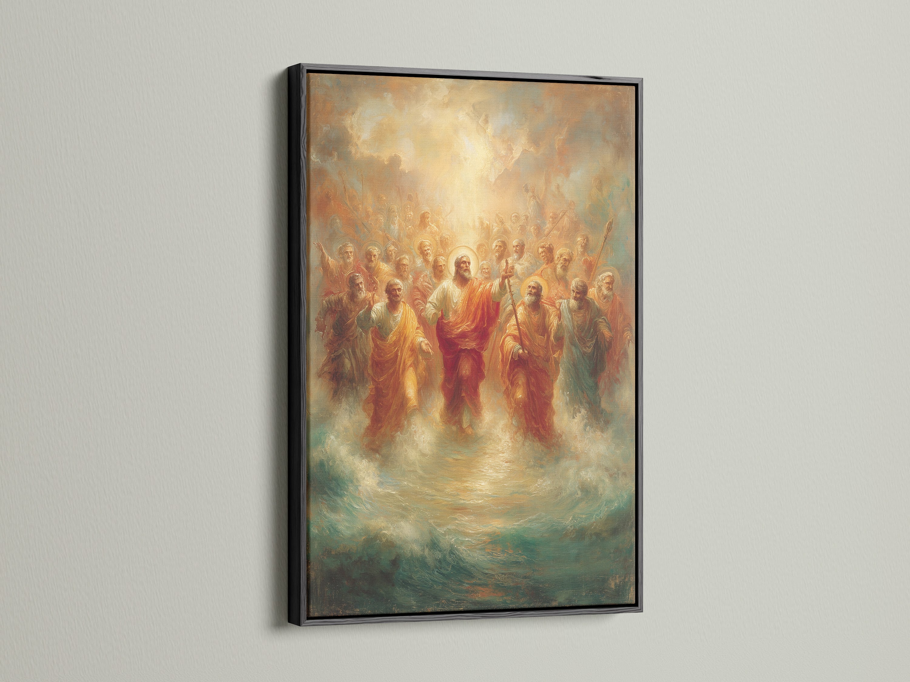 The religious art canvas print of Jesus Christ with Apostles is presented in a sleek black frame. This christian artwork offers a modern touch to spiritual home decor. A perfect piece for those seeking to infuse their space with faith-inspired art.
