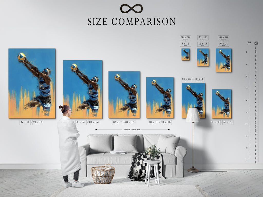 Size comparison chart displayed in an interior setting. Visualize how different sizes of the volleyball sports artwork fit your space. This chart helps you choose the perfect dimensions for your wall decor needs. Plan your sports room decor now.