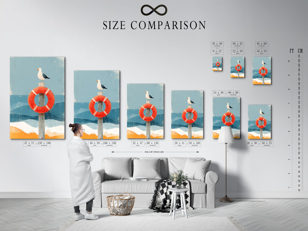 Size comparison chart in an interior setting. This chart helps visualize art dimensions. See how different sizes fit your space. Find the perfect size for your wall art needs.