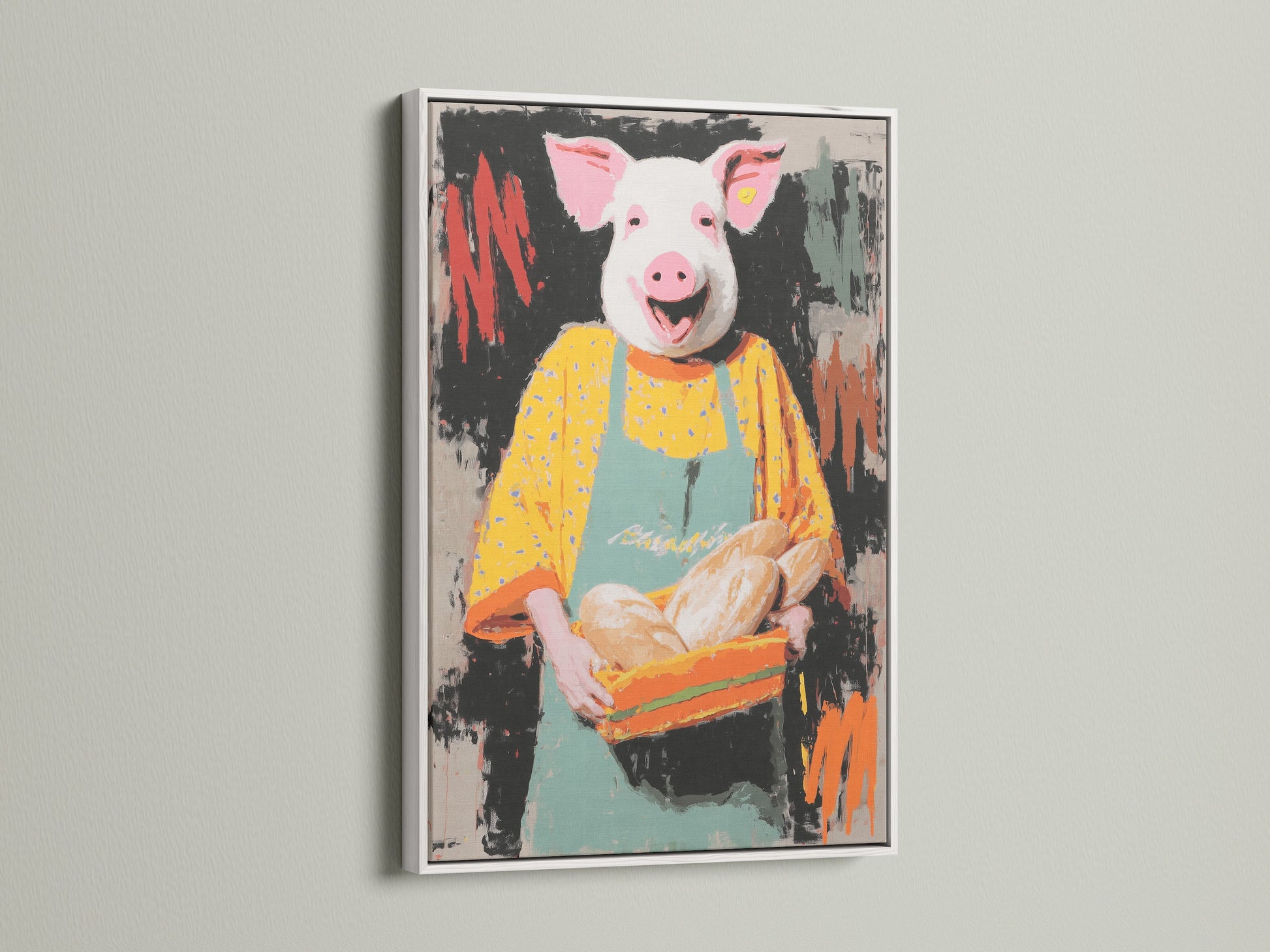 Pig Baker art displayed in a white frame. This kitchen wall art features a pig chef. The art provides a whimsical touch. It's the perfect piece for bakery wall decor. The primary color is orange.