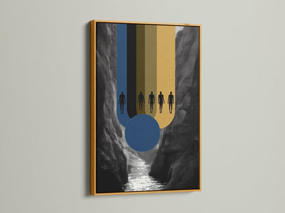 Abstract Figures Canvas Print in a gold frame. This is a modern geometric artwork featuring a mountain river. This gold frame adds a touch of luxury. Perfect for contemporary art and figure artwork lovers.