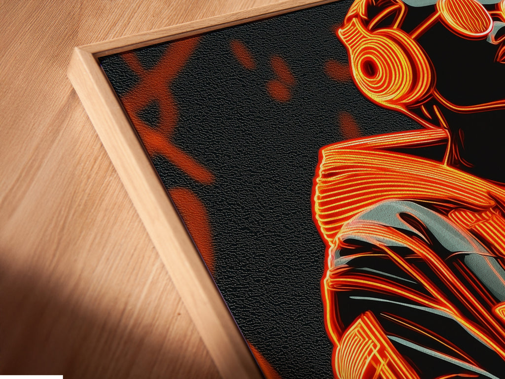 Angled close up of a canvas print in a floating frame. The floating frame gives the illusion of art suspended in air. It adds a modern and sophisticated touch. See the detail and craftsmanship of our floating frames. Elevate your art with this unique framing style.