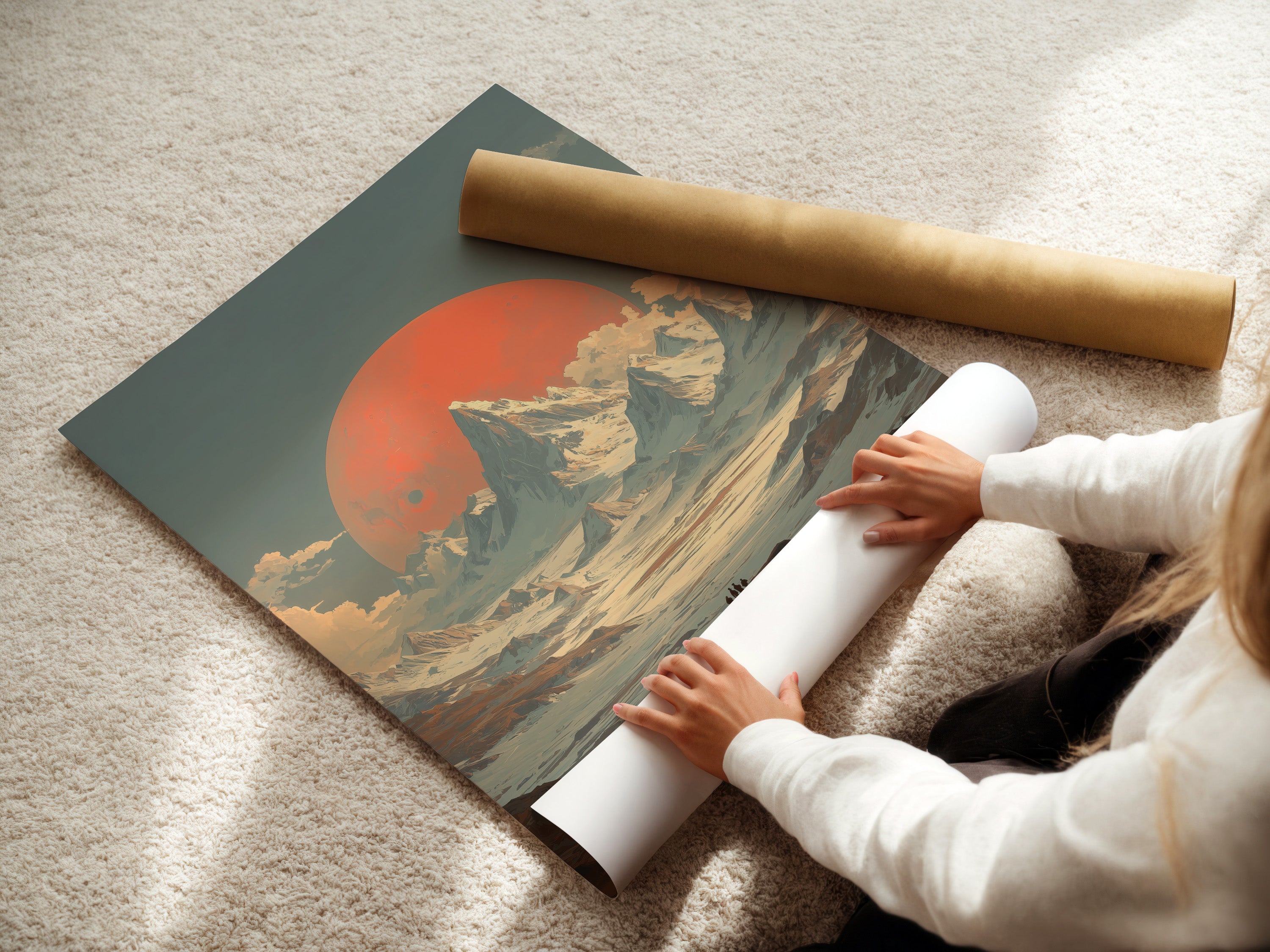 A woman is carefully rolling a fine art poster paper. The paper will be used for a mountain sunset artwork. This vintage alpine landscape will become a timeless piece. The coral sun print will add warmth to any room. Quality and care ensures excellence.