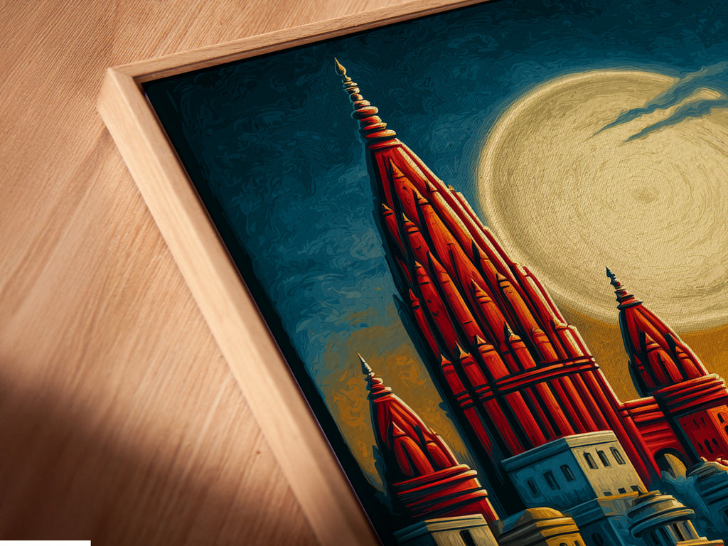 A close-up shows a canvas print in a floating frame. The artwork depicts a fantasy castle and harbor under moonlight. The art adds a bohemian touch to any room. The primary color is red. Gold is the secondary color. Consider this for your wall decor.