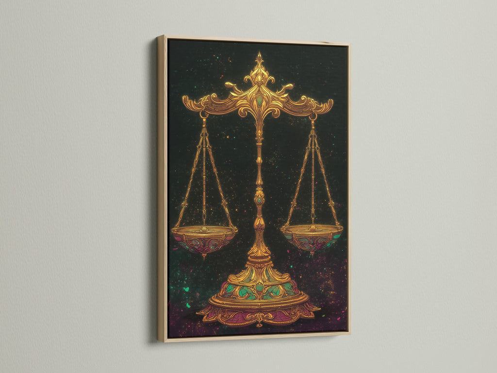 Enhance your living space with our captivating Libra Zodiac Art Print. The oak frame adds a touch of natural elegance to this scales of justice artwork. Perfect as astrology wall art. Let this celestial print transform your home into a sanctuary.