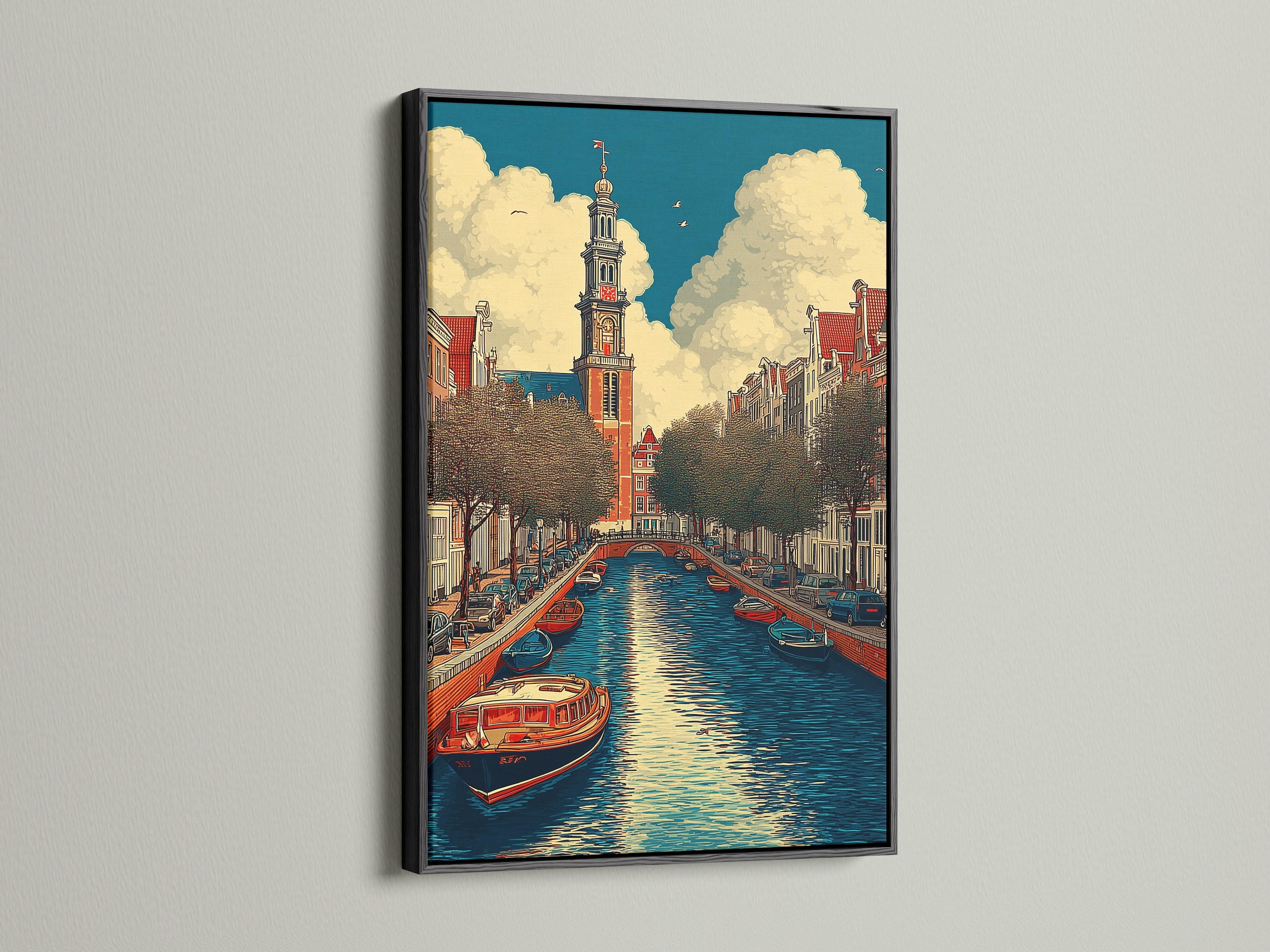 Stampa su tela del canale di Amsterdam - Arte murale con architettura olandese d'epoca, poster con paesaggio urbano europeo per l'arredamento del soggiorno