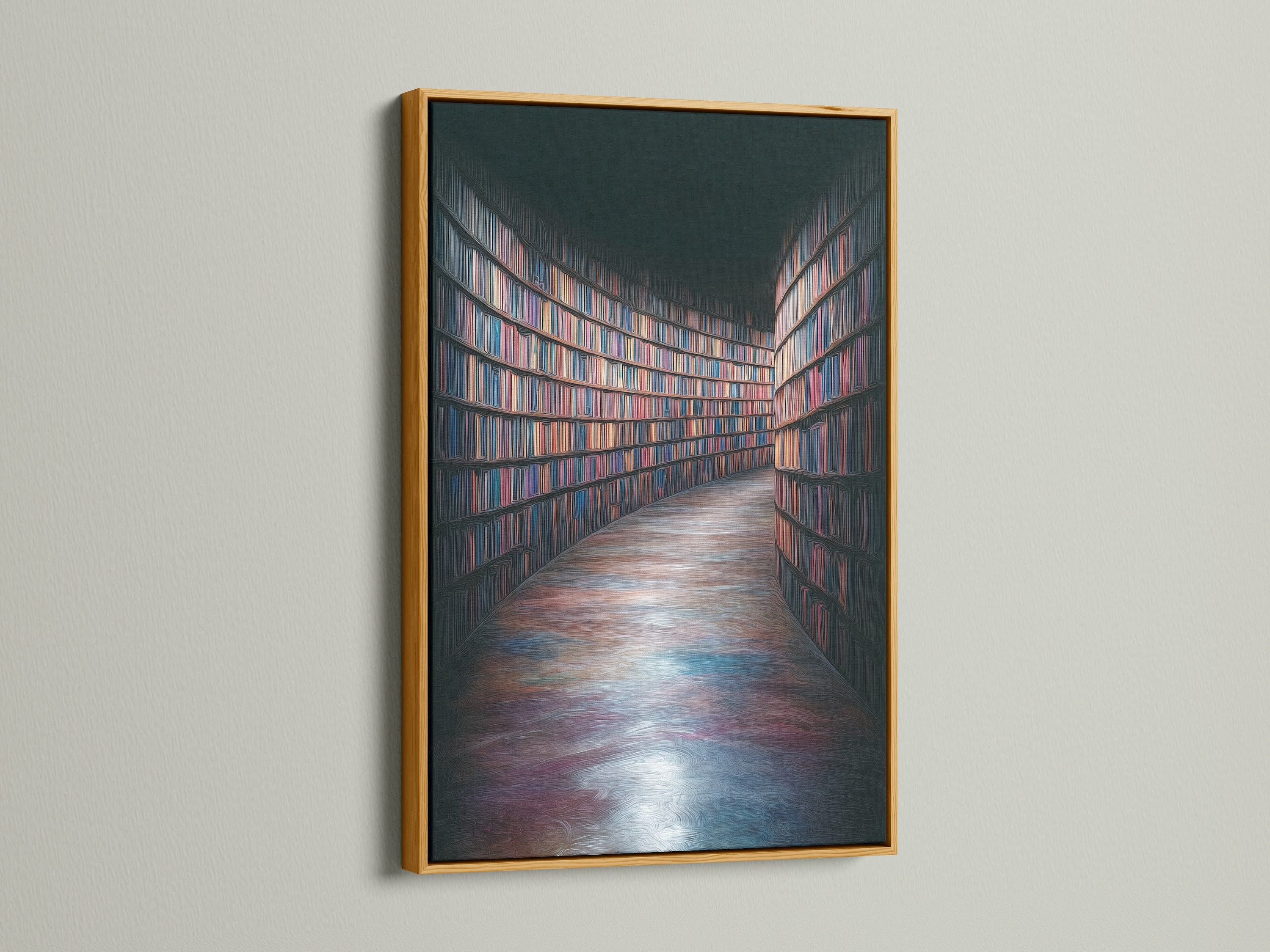The Library Books print styled with shelves, leather chair, and brass lamp