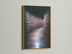 A gold frame enhances a vibrant library bookshelf art print. The metallic accent adds a touch of luxury to your space. Perfect for academia artwork enthusiasts. This piece makes an exquisite book lover gift. Elevate your study room or living room with this stunning print.
