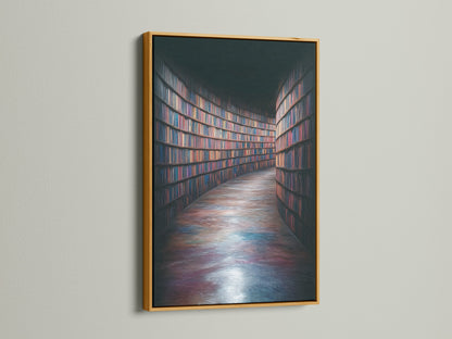 A gold frame enhances a vibrant library bookshelf art print. The metallic accent adds a touch of luxury to your space. Perfect for academia artwork enthusiasts. This piece makes an exquisite book lover gift. Elevate your study room or living room with this stunning print.