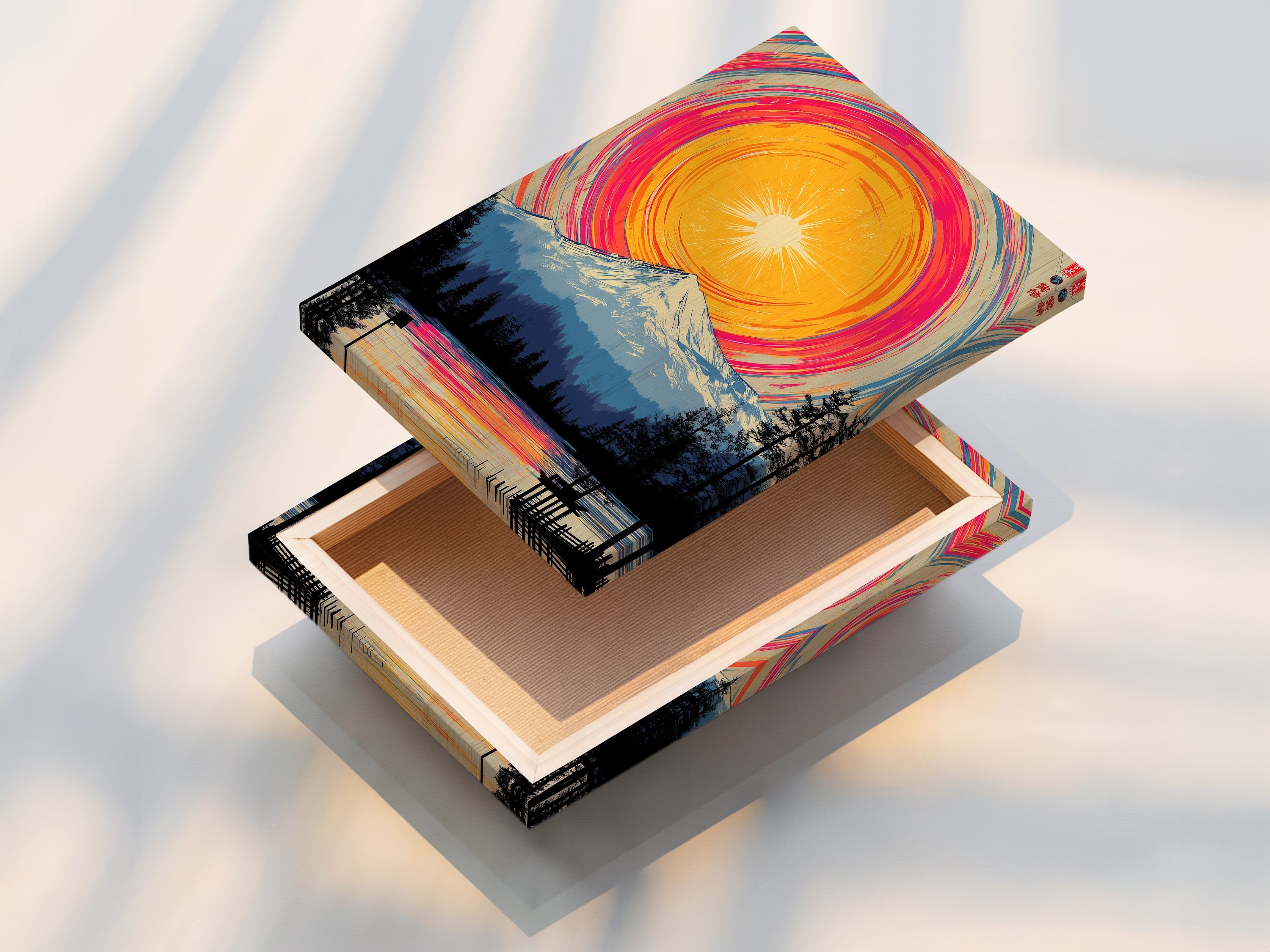 A stretched canvas print of the mountain lake artwork. This highlights the texture and depth of the colorful landscape. The canvas print is ready to hang adding a modern touch to any room. Perfect for bedroom decor and living areas.