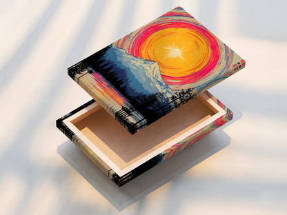 A stretched canvas print of the mountain lake artwork. This highlights the texture and depth of the colorful landscape. The canvas print is ready to hang adding a modern touch to any room. Perfect for bedroom decor and living areas.