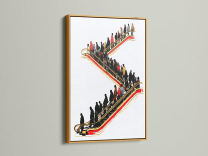 Add a touch of luxury to your office with this stunning escalator artwork. The gold frame enhances the red and gold accents. This urban canvas art is perfect for business owners. It elevates modern minimalist and contemporary styles. Consider this artwork for waiting rooms and boardrooms.