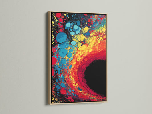 An abstract artwork is presented in an oak frame. The frame enhances the artwork's visual appeal. It is displayed on a white wall. Consider this oak frame to showcase your favorite prints.