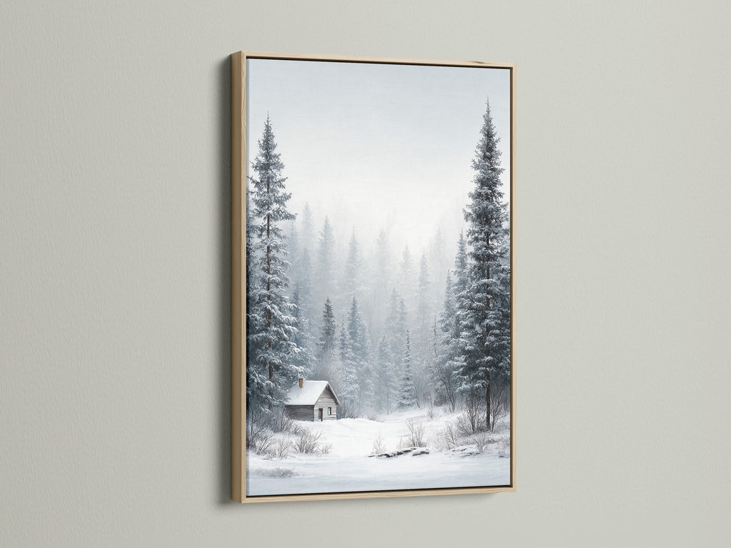 Winter Forest artwork showcased in an oak frame. The artwork features a serene snow landscape. Pine trees surround a cozy cabin. This framed art enhances rustic and Scandinavian-themed rooms. Add warmth to your home today.