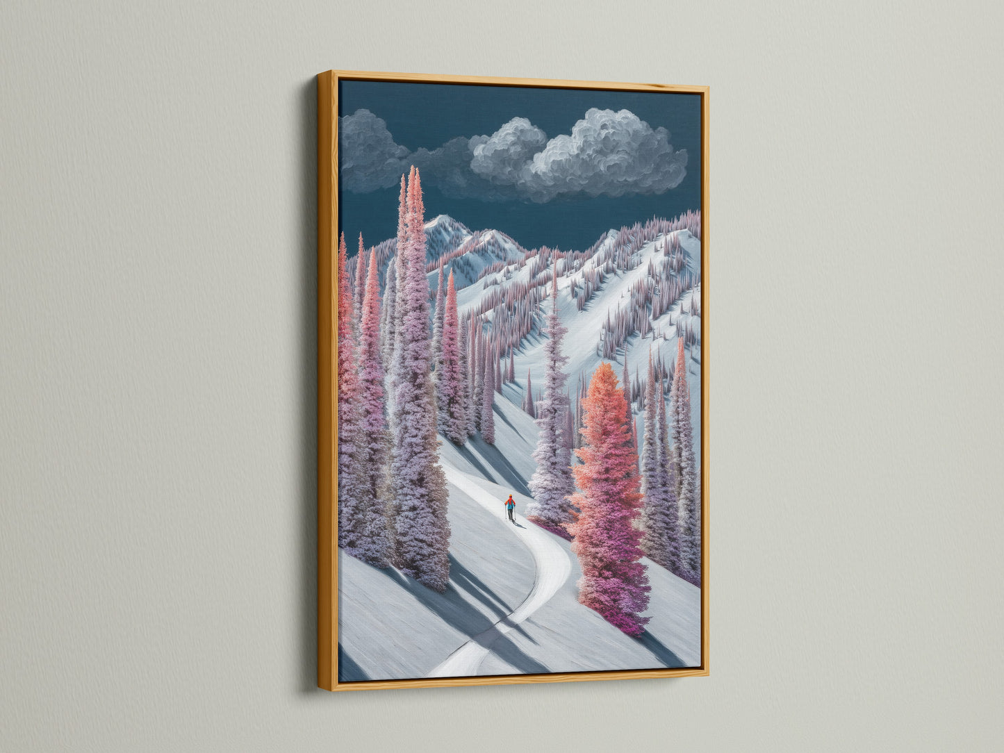 Winter Mountain Canvas Print in a gold frame. A luxurious touch to this snowy trees wall art. The pastel landscape painting shines with elegance. The gold frame enhances the artwork's beauty. This art piece is perfect for clinics and boardrooms