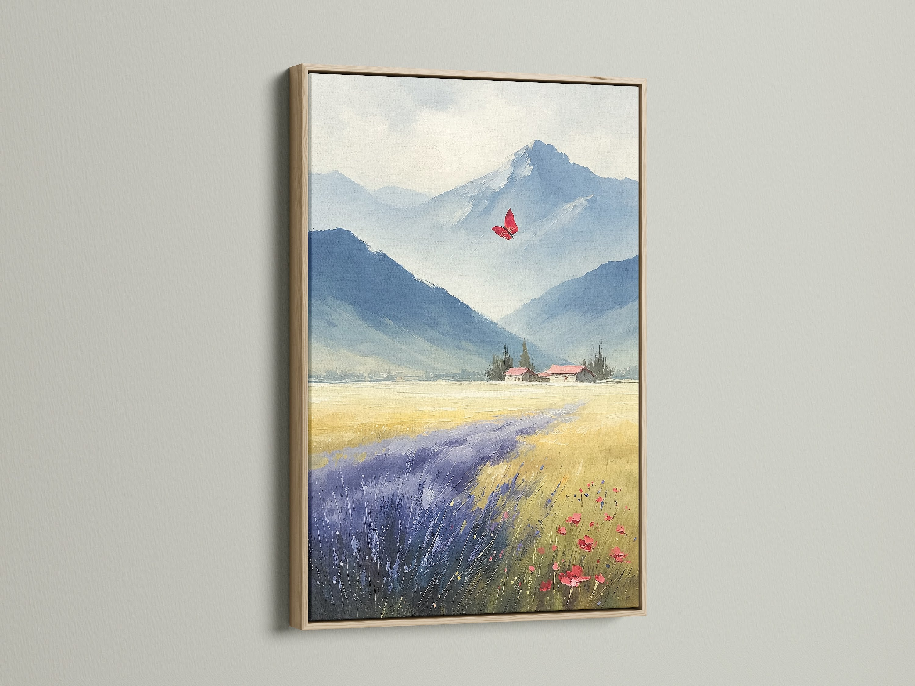 This mountain landscape is a farmhouse art piece with an oak frame. A butterfly print adds charm to this valley canvas art. Ideal nature wall decor to enhance your space. This scenic artwork brings the beauty of the countryside home. This is a perfect landscape print.