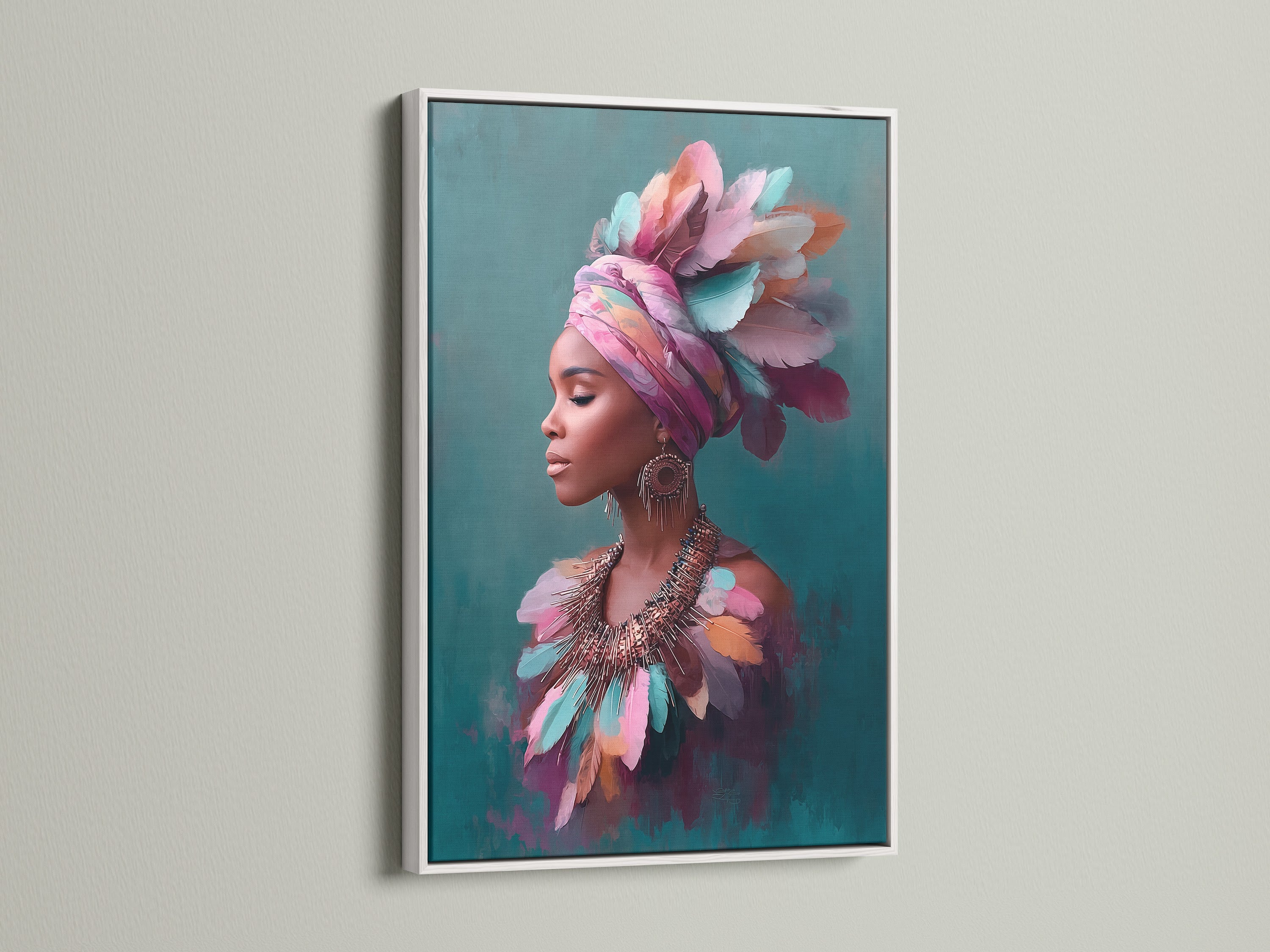 The African Woman art is displayed in a white frame. The artwork features a colorful feather portrait. The white frame offers a clean contrast. This unique wall decor is perfect for modern spaces. It adds a touch of cultural art to any room.