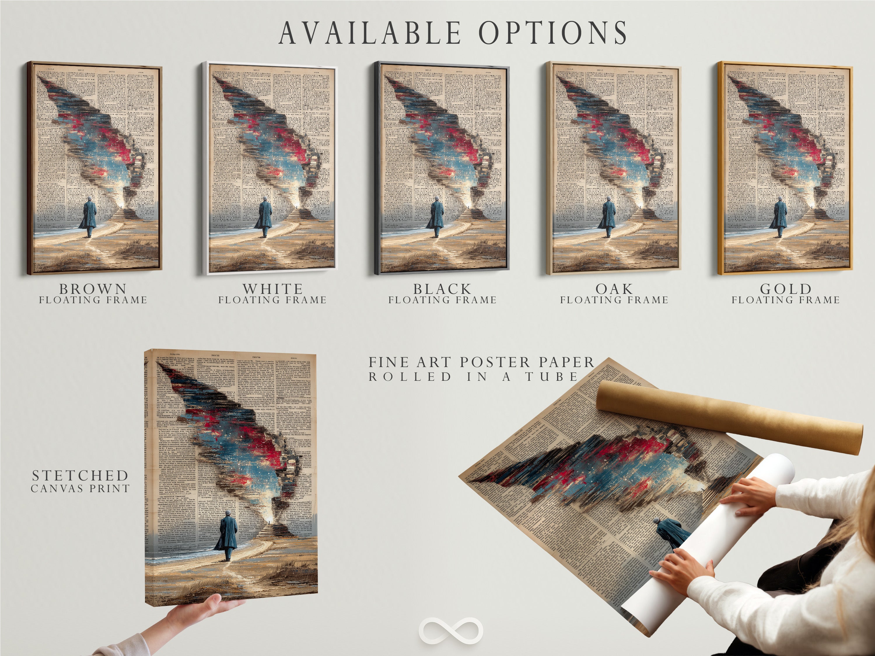 Explore available options for the surreal artwork. Choose between a stretched canvas print fine art poster paper or a floating frame. Customize your cosmic sky art to fit your style. Perfect for adding a vintage touch to your office space. Find your perfect piece