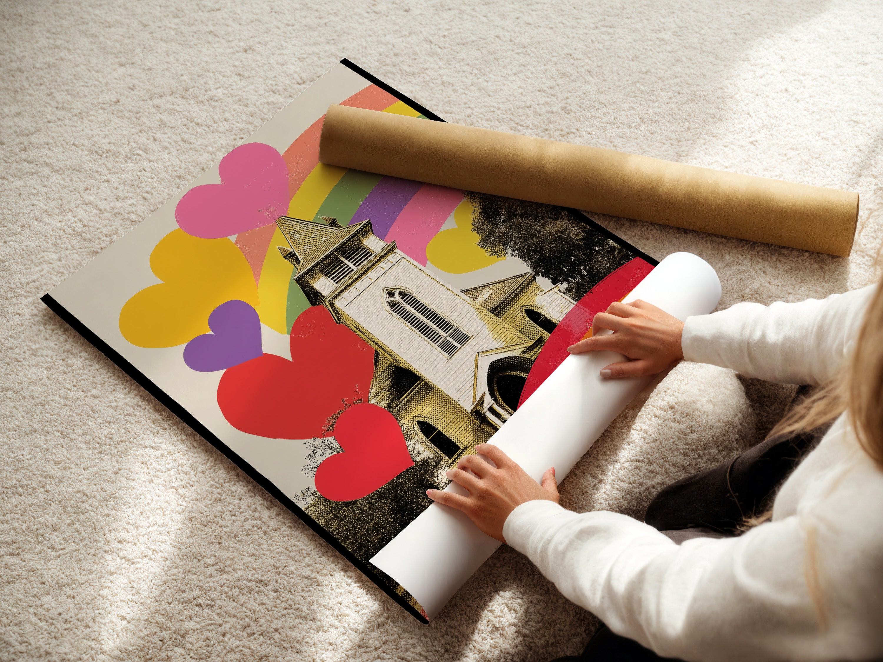 A woman is rolling a fine art poster paper. She is preparing it for framing or display. Fine art poster paper ensures high-quality prints. This paper showcases artwork with exceptional clarity. Get your fine art prints on this premium paper. Order yours now