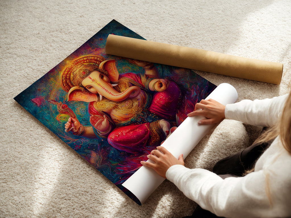 A woman is carefully rolling a fine art poster paper featuring Ganesha. This Hindu God wall art is perfect for spiritual decor. It is bohemian art that enhances any meditation room. The colorful sacred artwork includes an elephant god print. It's great for yoga studios.