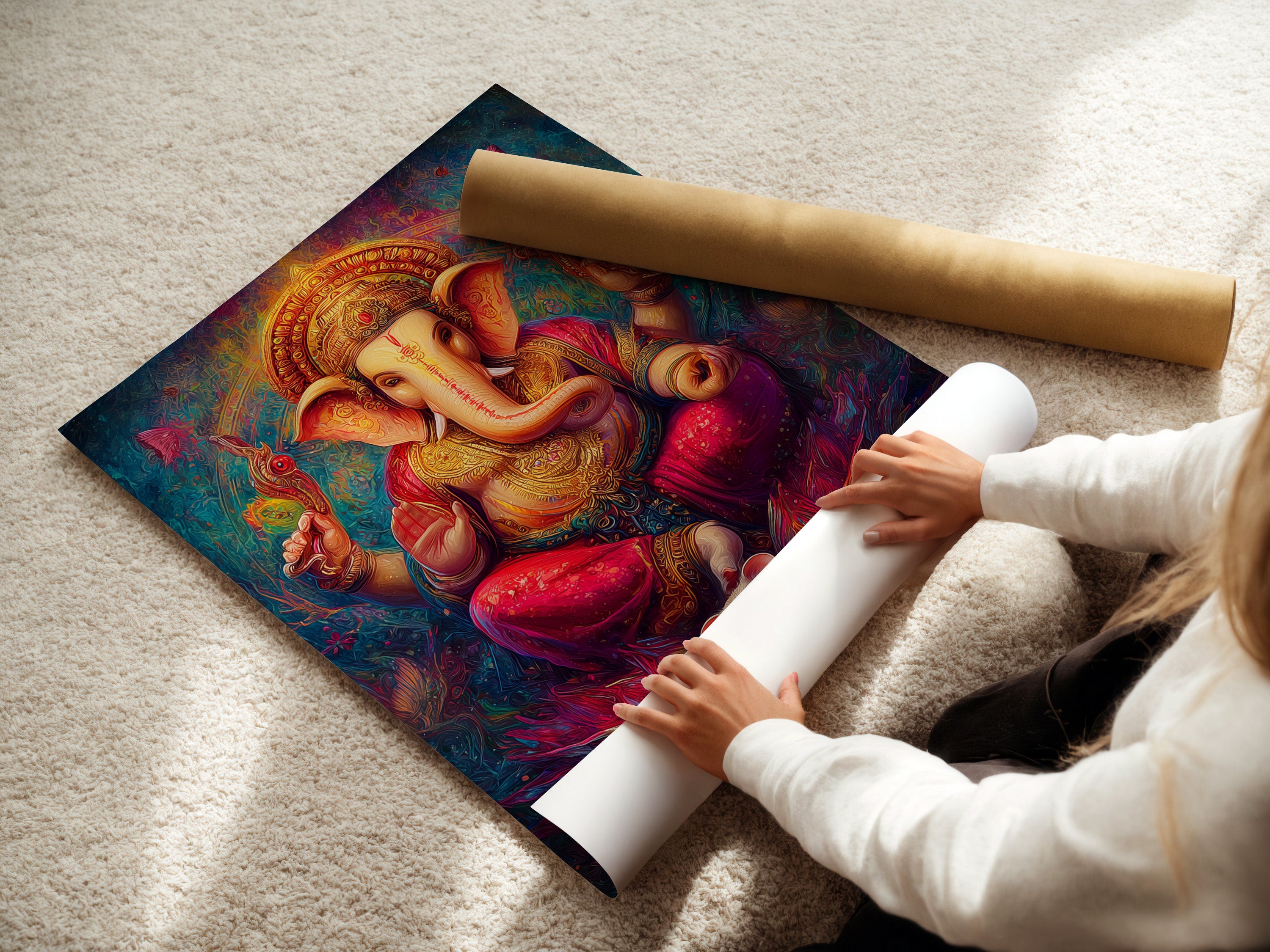 A woman is carefully rolling a fine art poster paper featuring Ganesha. This Hindu God wall art is perfect for spiritual decor. It is bohemian art that enhances any meditation room. The colorful sacred artwork includes an elephant god print. It's great for yoga studios.