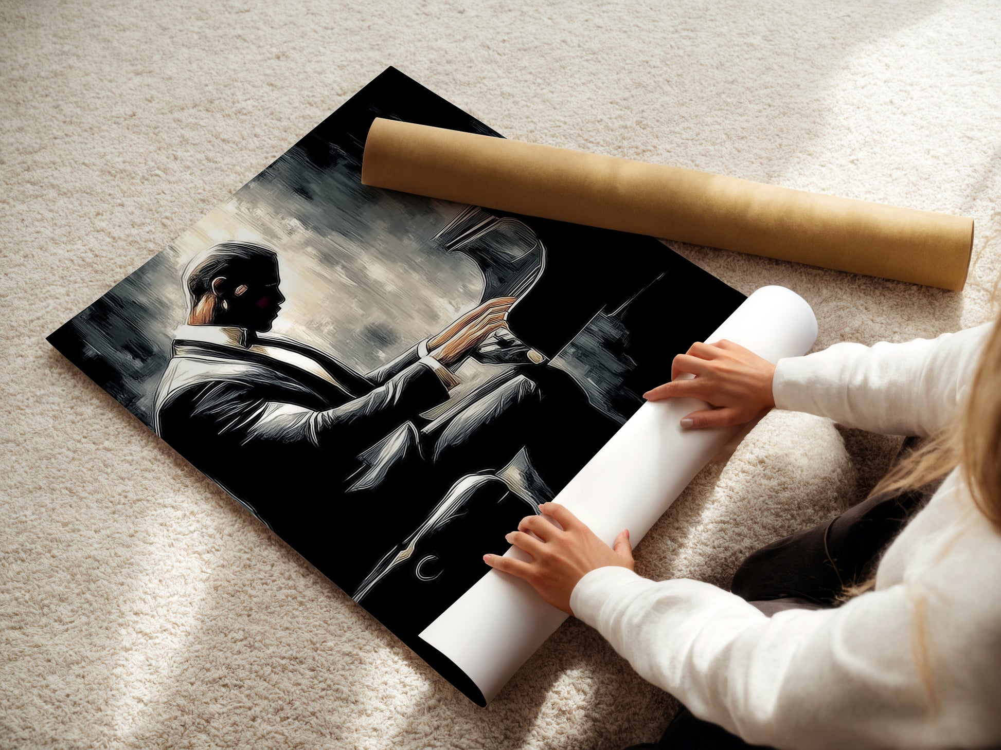 A woman is rolling a fine art poster paper. This piano player art is versatile. This makes it suitable for various spaces. The artwork is perfect for homeowners and renters alike. This art will elevate any room's aesthetic. It is a great music lover gift.