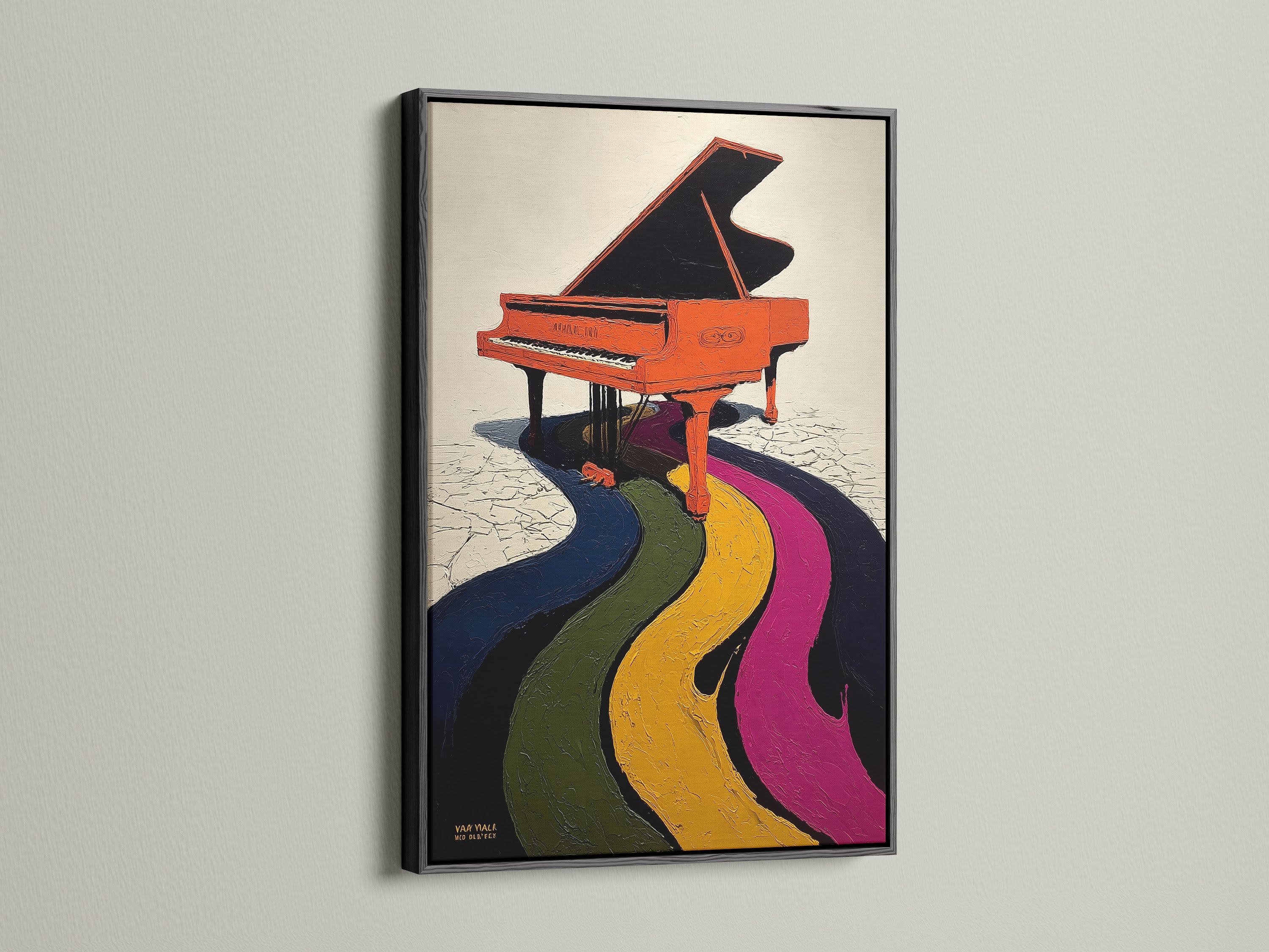 Grand piano artwork in a black frame. This rainbow music canvas adds an eclectic touch to your decor. It is perfect for a music room or studio. The colorful artwork is a vibrant art print. Great gift for musicians and piano players.