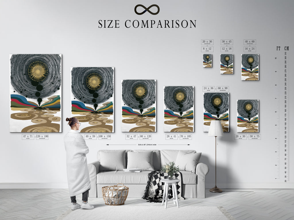 An interior setting displays a size comparison chart. This chart helps visualize the ideal artwork size for your wall. Compare options for stretched canvas prints and fine art posters. Find the perfect fit for your living room bedroom or yoga studio.