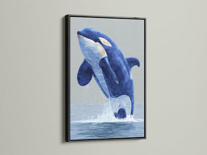 Make a statement with our Orca Whale art print in a sleek black frame. This striking piece showcases a captivating blue whale artwork. It is ideal for modern coastal wall decor. Elevate your home with our marine animal print. Shop now and bring the beauty of the ocean into your living room bedroom or office. Explore our collection today.
