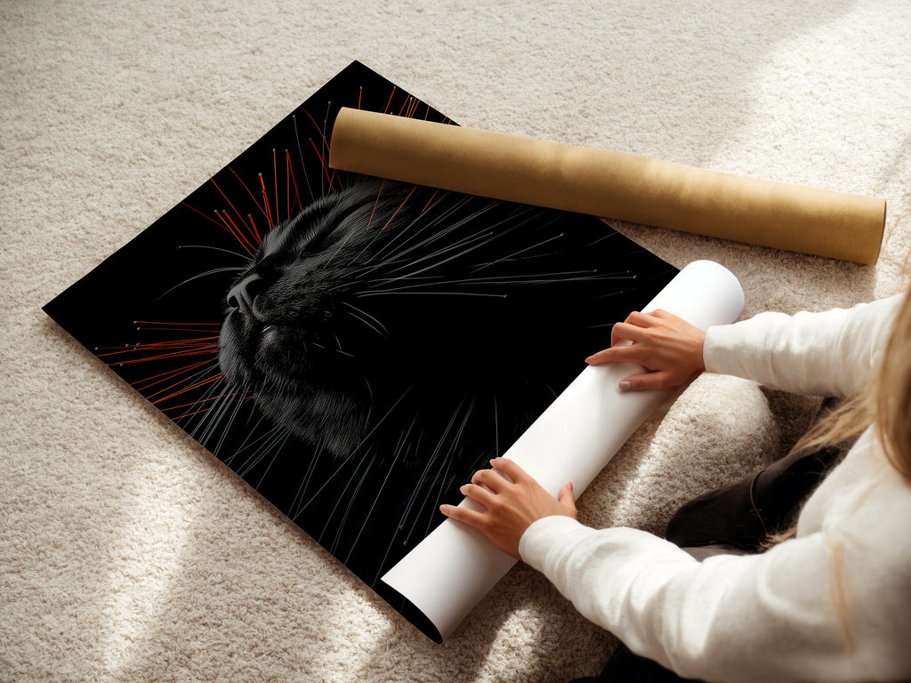 A woman carefully rolls a fine art poster paper featuring a cat portrait. High-quality materials ensure lasting beauty. Perfect for cat lovers who appreciate fine art and want to add feline artwork to their home decor. Order yours today.