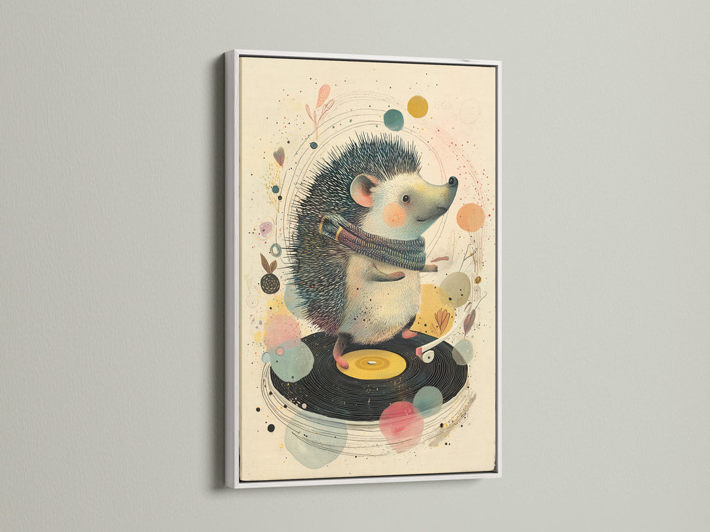 A white frame highlights an adorable artwork. It showcases a hedgehog DJing on a record player. The white frame offers a clean aesthetic. Browse white frames to complement your artwork. Add a touch of elegance to your walls.
