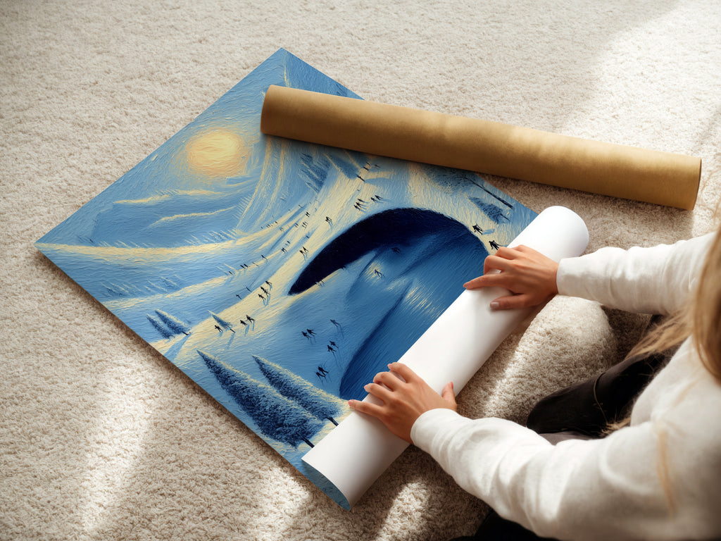 A woman carefully rolls a fine art poster paper. The print features a winter landscape. The snowy mountain scene captures the beauty of nature. It is ideal for creating custom wall art displays.