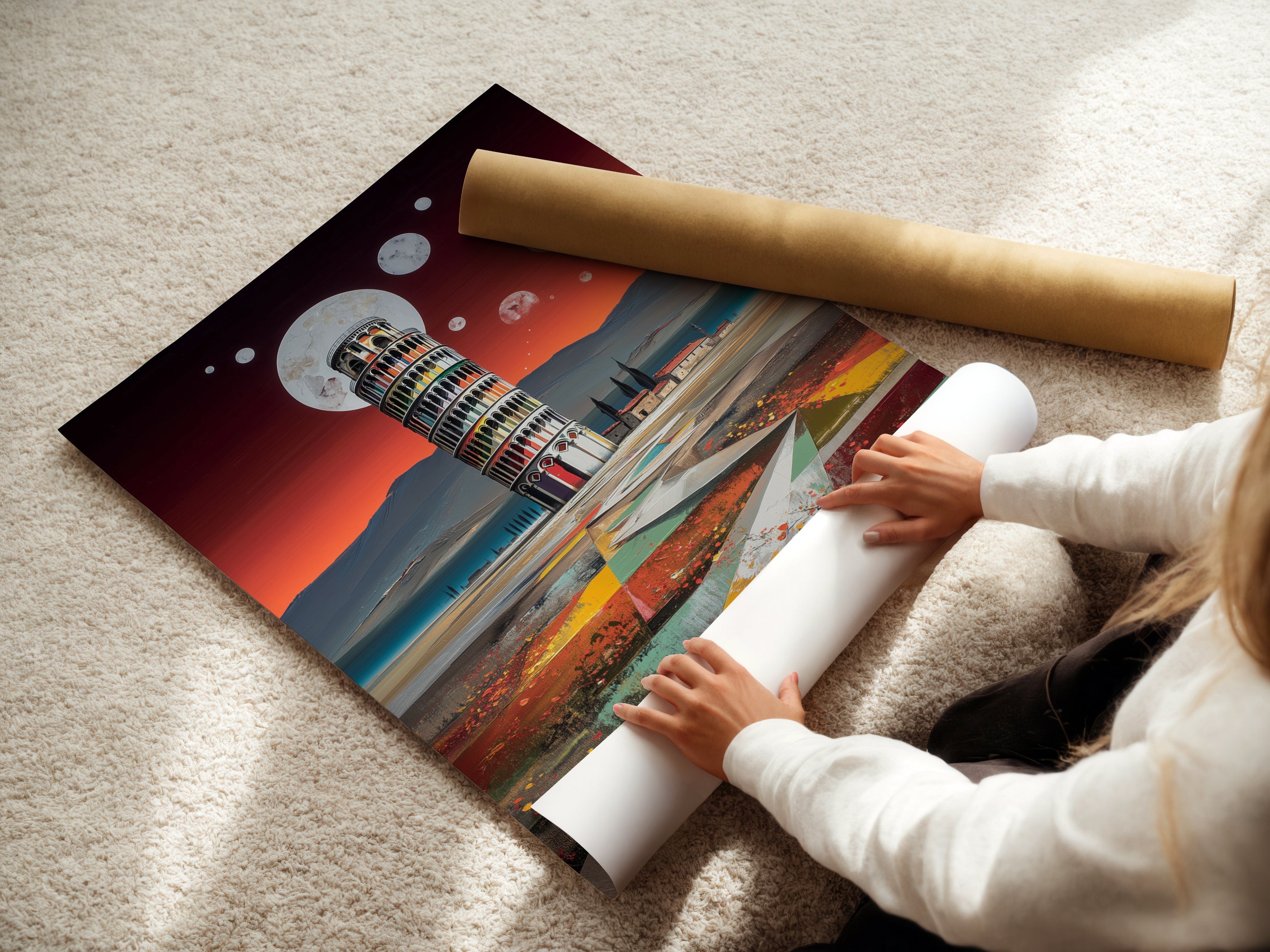 Witness the creation of fine art posters. A skilled woman carefully rolls a freshly printed pisa tower art poster. High quality paper ensures vibrant colors and sharp details. Get fine art poster paper for your italy wall art surreal artwork or travel wall art. Experience the quality.