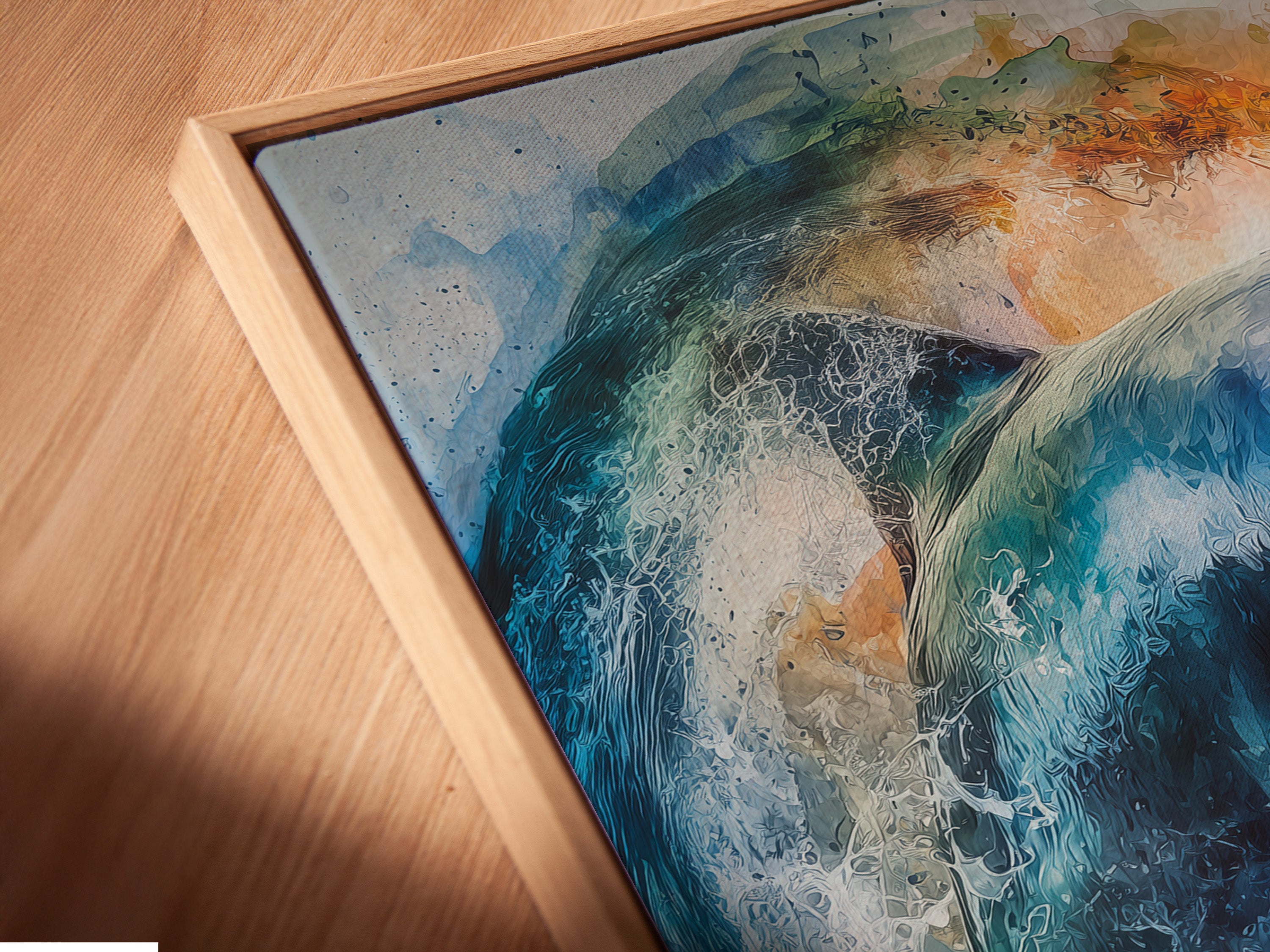 Close-up of a canvas print. The dolphin artwork is displayed in a floating frame. The floating frame gives a modern look. It enhances the artwork. Order your canvas print in a floating frame today