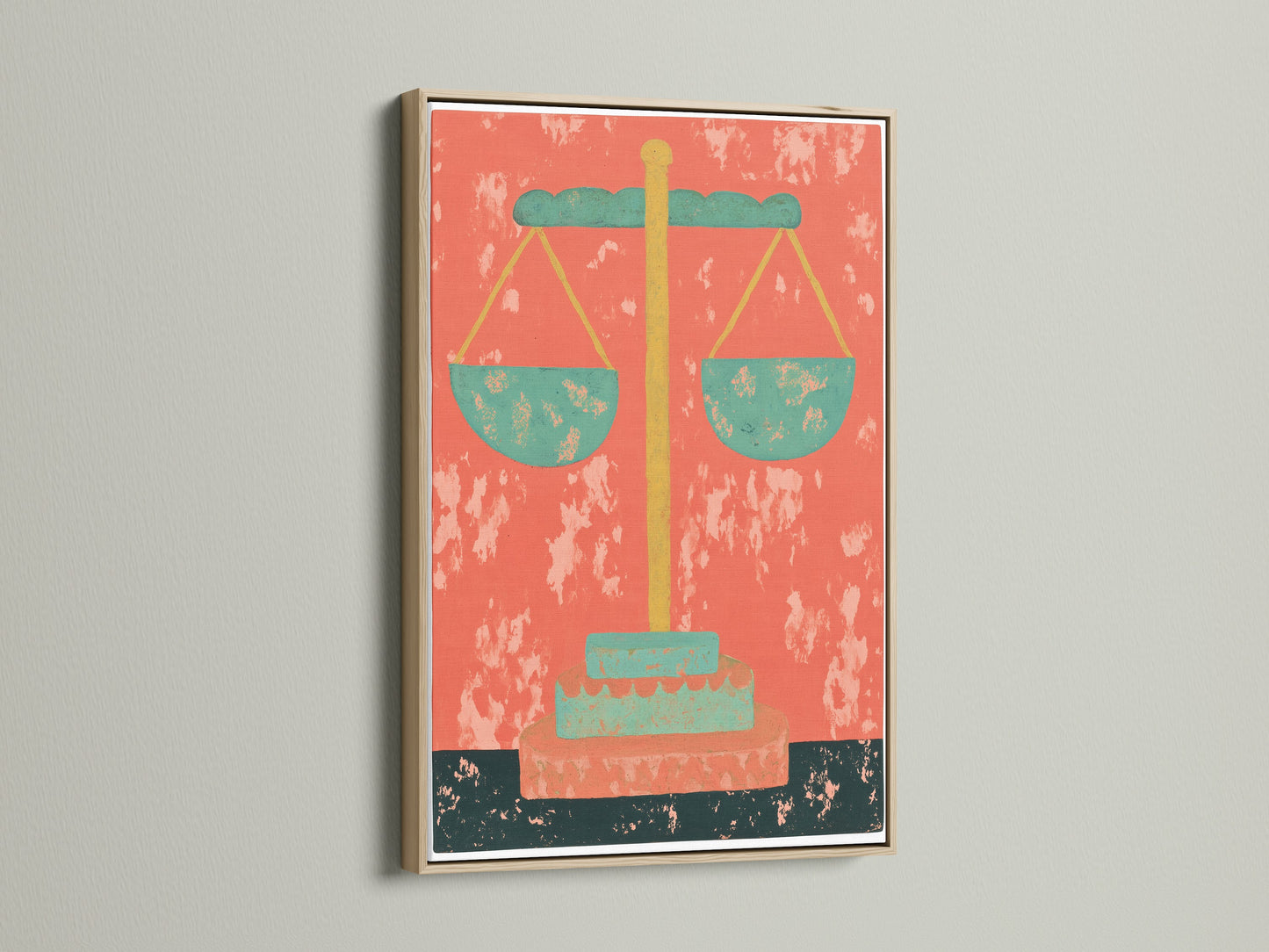 The Justice Scales Canvas Print is showcased in an oak frame. The artwork features a vintage style. It is ideal for law offices and legal practices. The Mid-Century art uses orange and green colors. It can be a great graduation gift for attorneys judges and legal scholars.