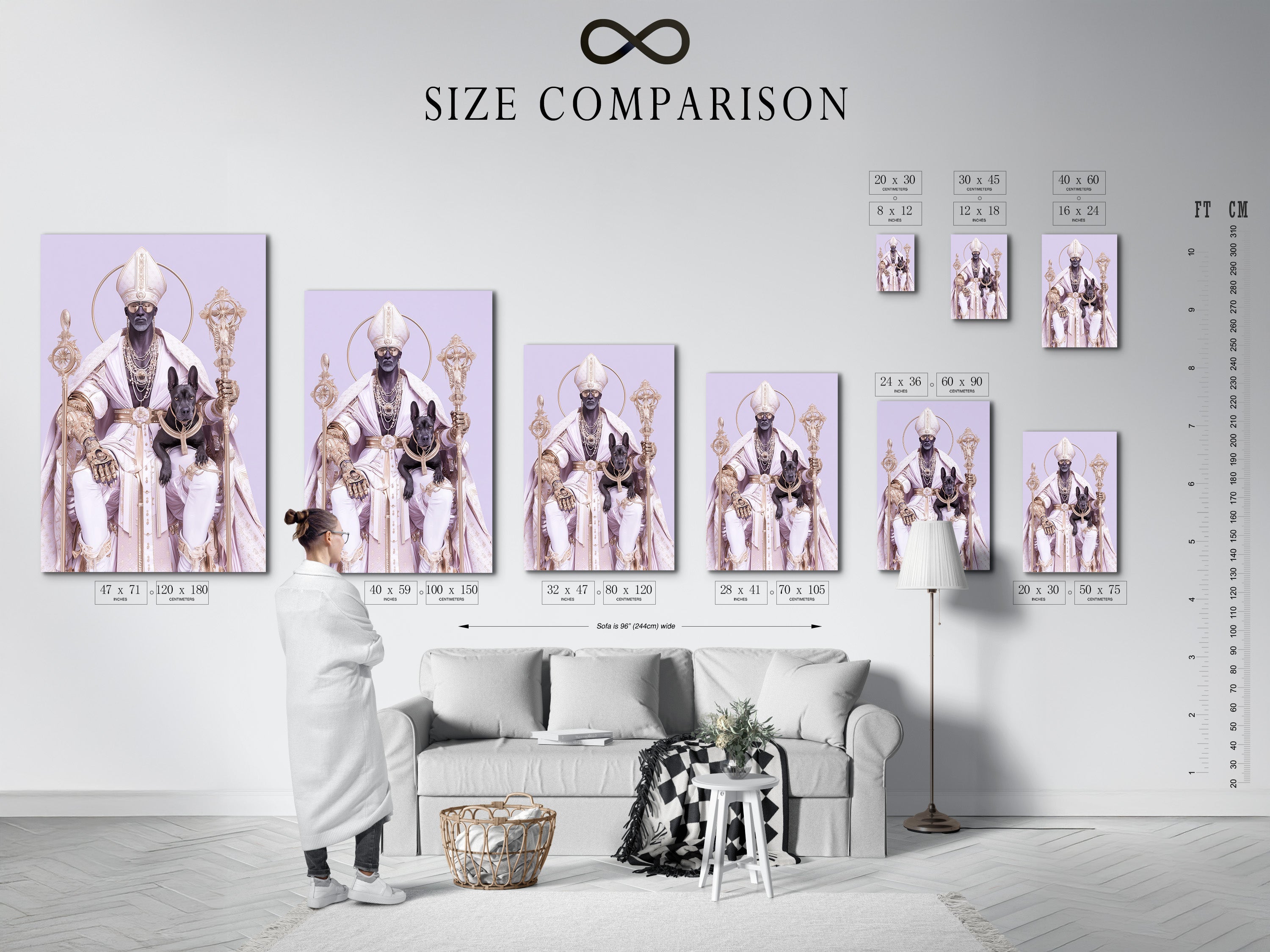 A size comparison chart is displayed in an interior setting. The chart showcases available options for religious artwork prints. Options include stretched canvas prints fine art poster paper and floating frames. Perfect for visualizing the ideal size for your Saint Nicholas art or orthodox icon print
