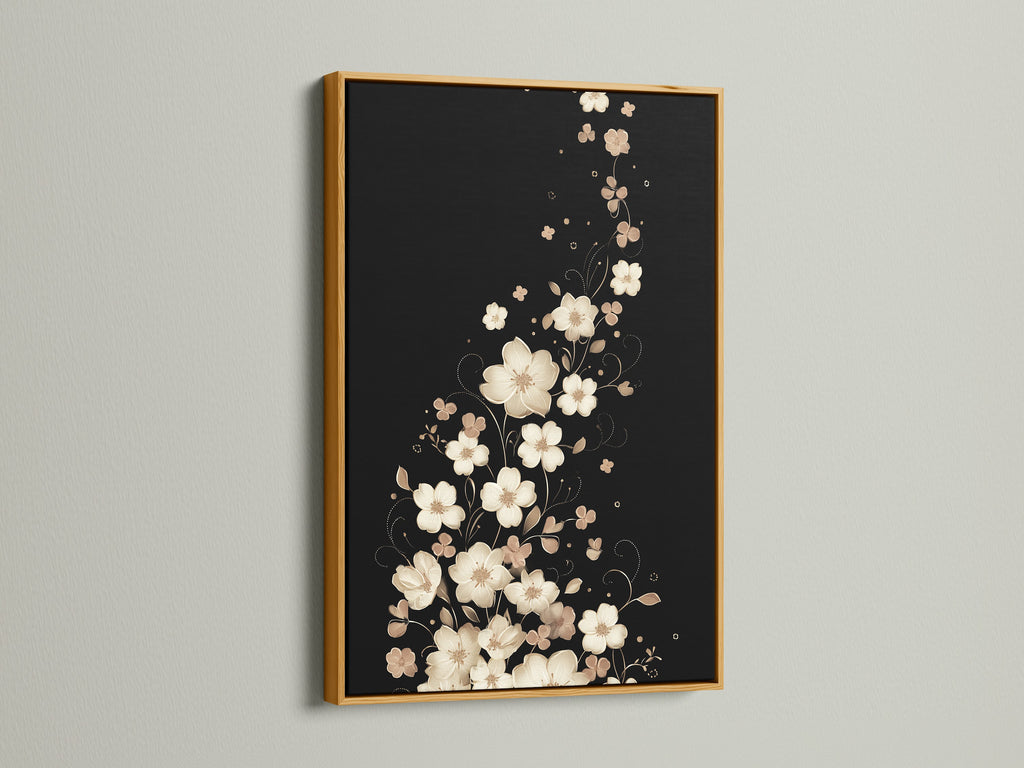 Floral canvas print with a beautiful gold frame. The gold frame adds a touch of elegance. The neutral print and beige decor complement any style. It's perfect as bedroom artwork or living room wall art.