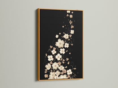 Floral canvas print with a beautiful gold frame. The gold frame adds a touch of elegance. The neutral print and beige decor complement any style. It's perfect as bedroom artwork or living room wall art.