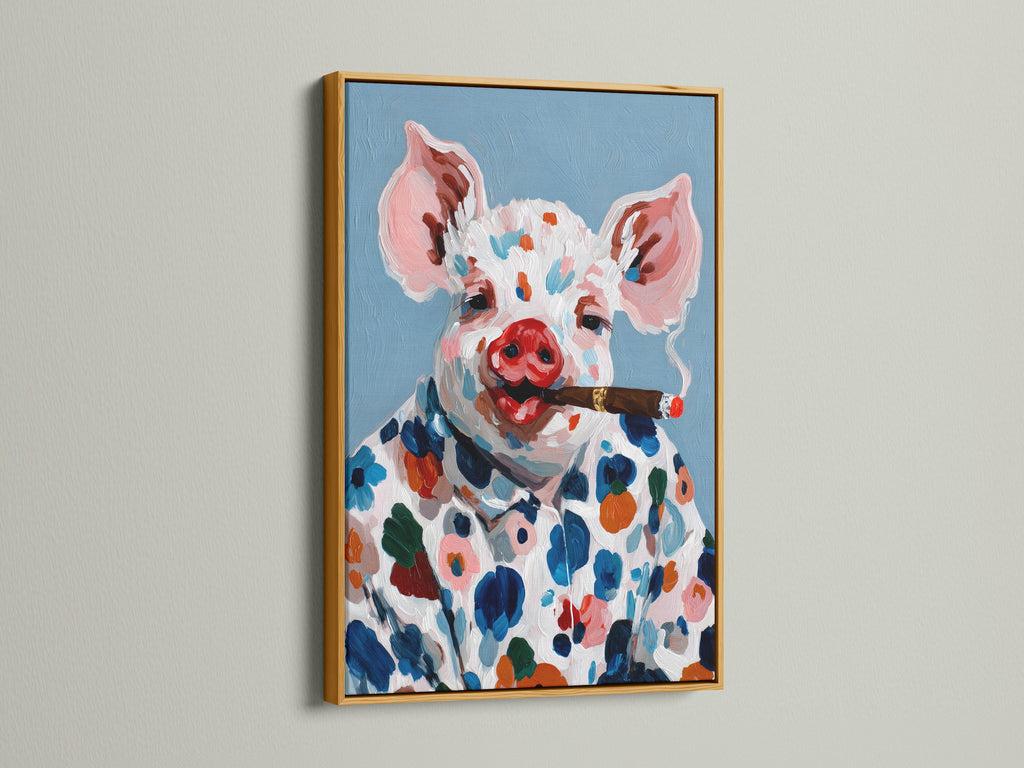 A luxurious pig art canvas print is featured in a gold frame. The artwork features a colorful farm animal with a cigar. This whimsical kitchen decor adds a touch of elegance to your home. The gold frame enhances the artwork's vibrant colors. It's perfect for those seeking a sophisticated and quirky piece.