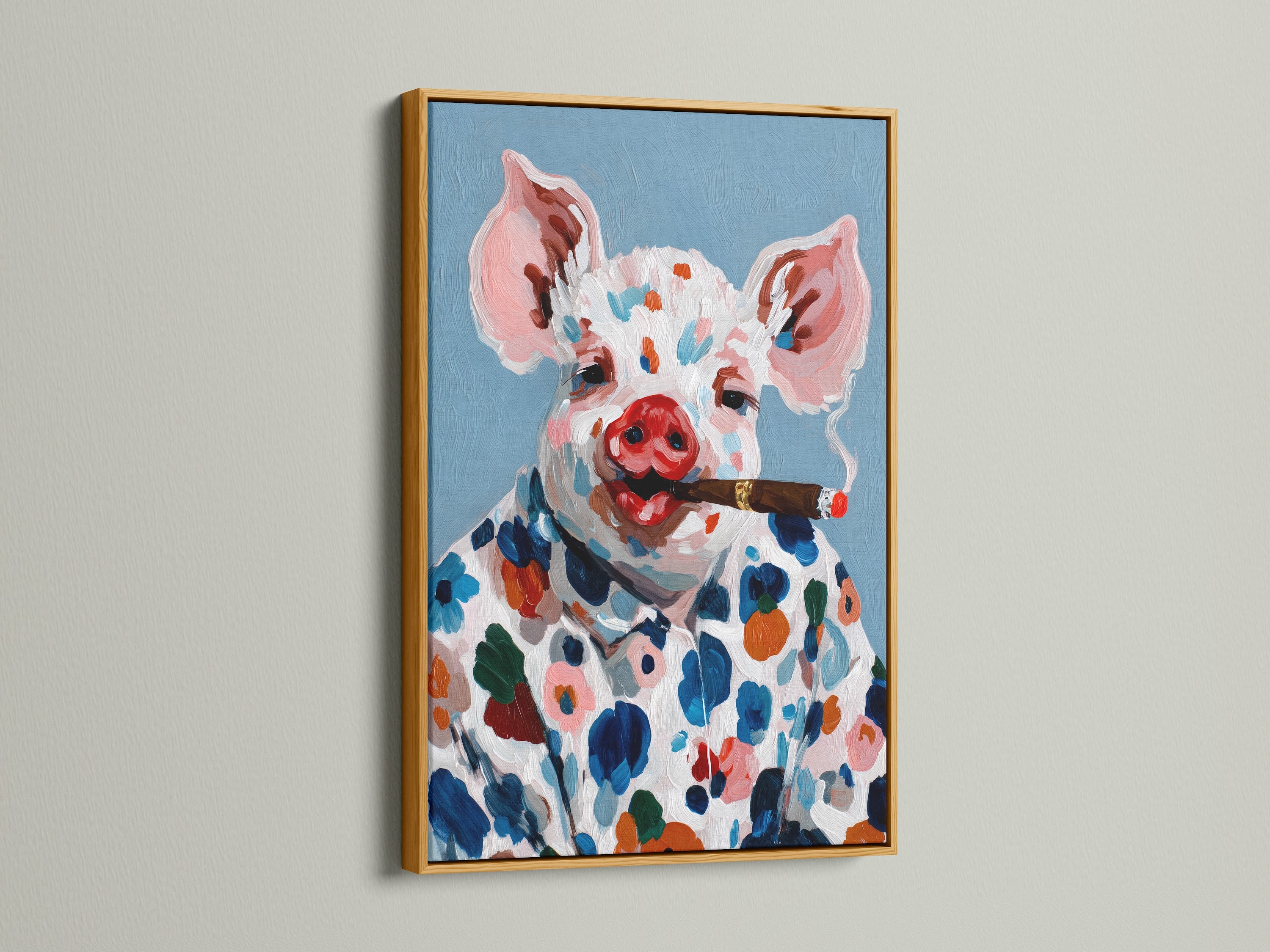 A luxurious pig art canvas print is featured in a gold frame. The artwork features a colorful farm animal with a cigar. This whimsical kitchen decor adds a touch of elegance to your home. The gold frame enhances the artwork's vibrant colors. It's perfect for those seeking a sophisticated and quirky piece.
