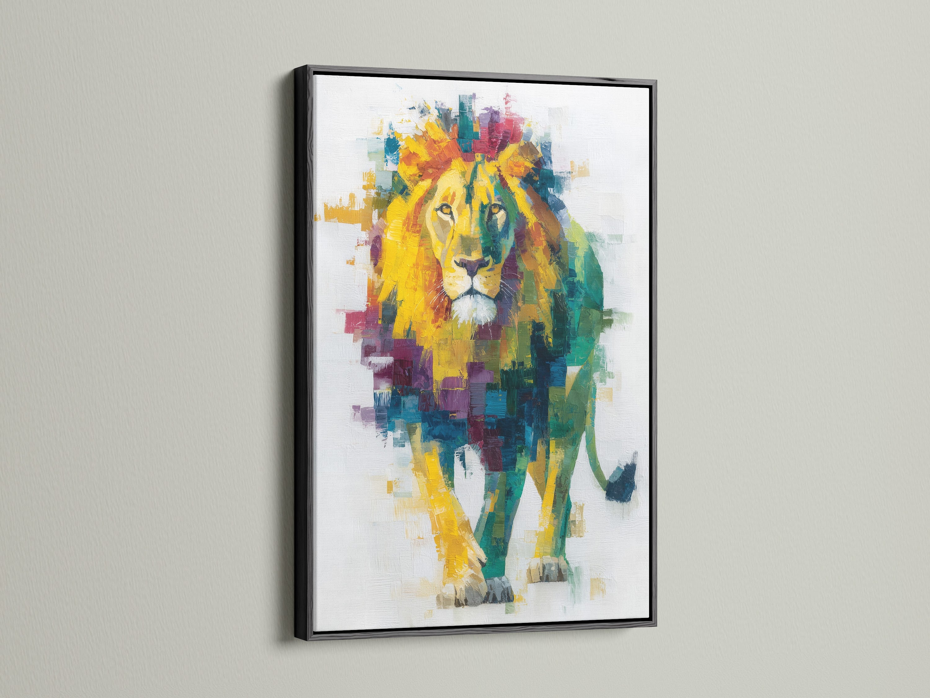 The colorful lion artwork is framed in black. This modern animal art adds a sophisticated touch to any space. The black frame provides a classic contrast to the vibrant rainbow colors. This piece is perfect for enhancing your office or living room decor.