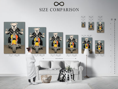 A size comparison chart in an interior setting featuring the Bulldog Biker artwork. Visualize the different sizes available for this artwork. Find the perfect fit for your man cave garage or office.