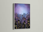 This is a white frame. The artwork inside features a dreamy cityscape with glowing windows. The artwork is under a swirling night sky. This framed art adds a modern touch to any decor. The white frame enhances the artwork. Making it a focal point for your space.