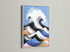 Modern abstract seascape artwork is displayed in a white frame. This coastal wall decor features ocean wave art. The blue and orange artwork enhances any space. It's perfect for a serene bedroom wall art.