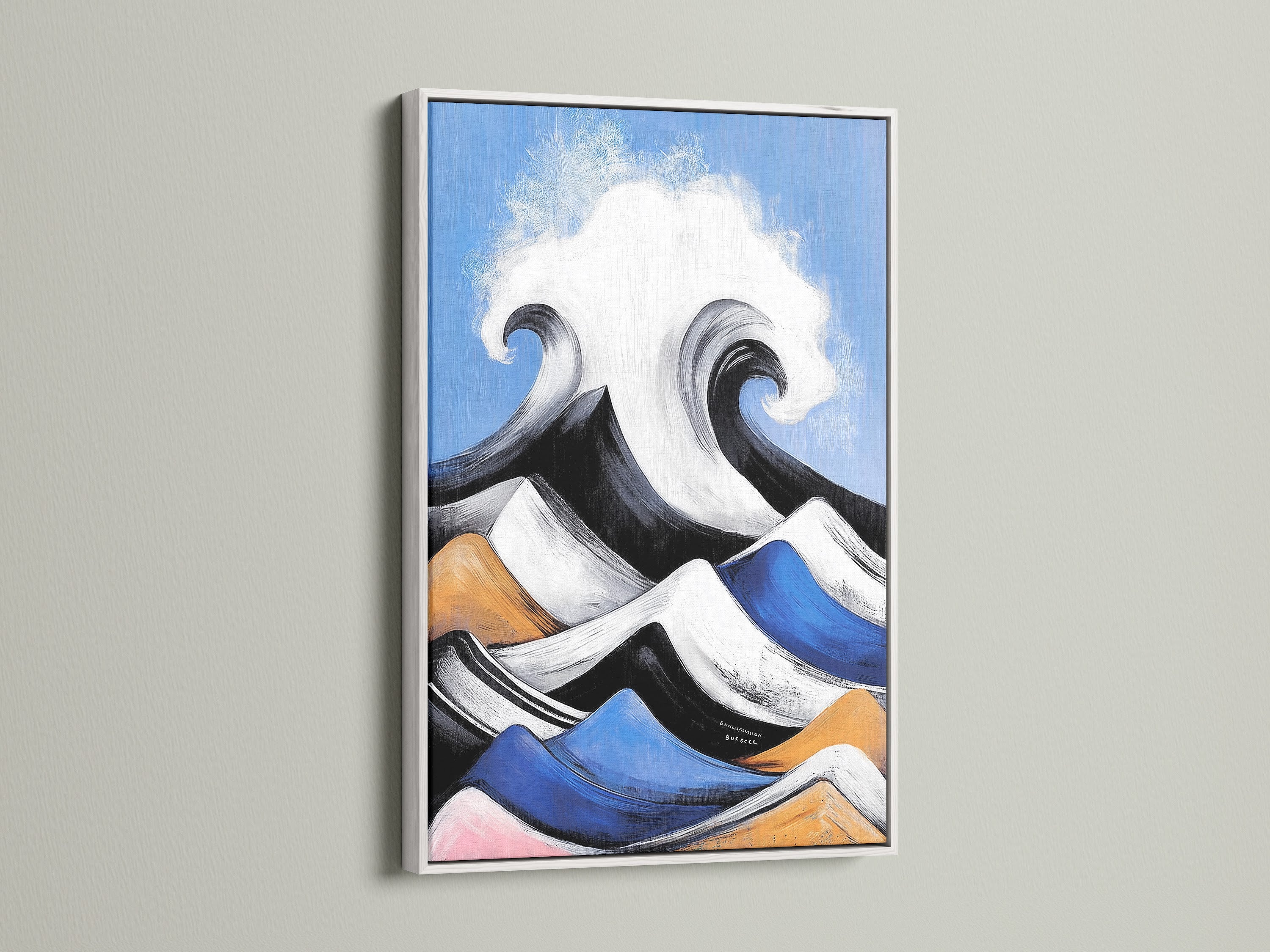 Modern abstract seascape artwork is displayed in a white frame. This coastal wall decor features ocean wave art. The blue and orange artwork enhances any space. It's perfect for a serene bedroom wall art.