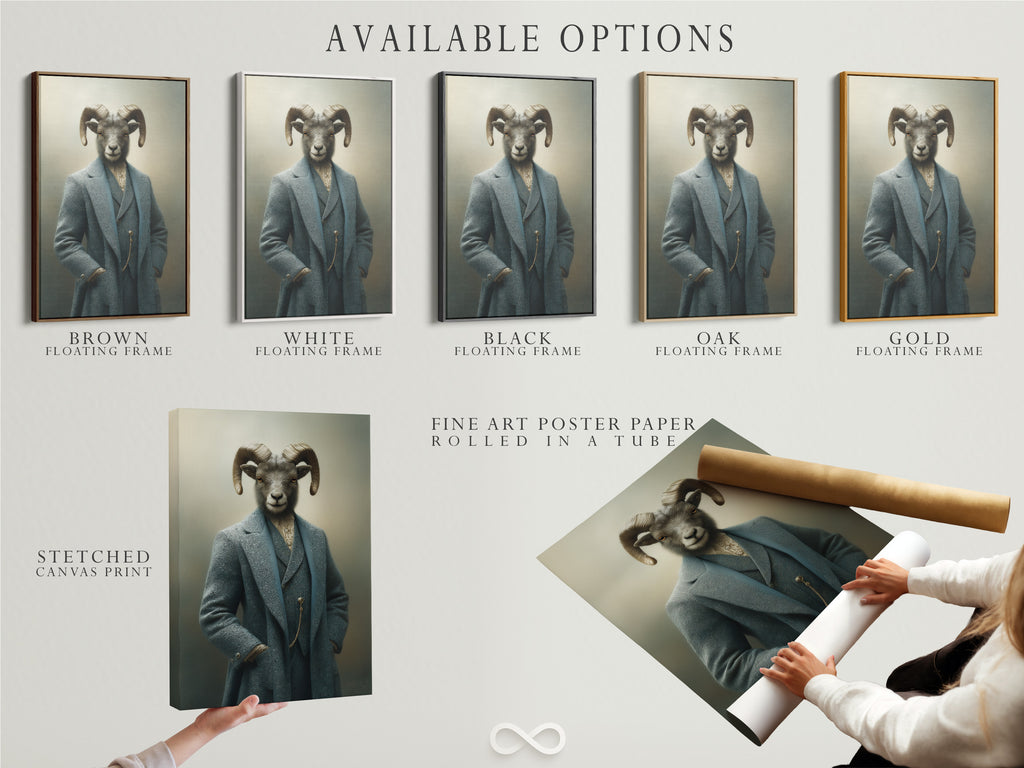 Available options for the Ram Portrait artwork are displayed including a stretched canvas print fine art poster paper and floating frame. Choose the perfect option to suit your style and decor needs. This artwork is perfect for eclectic or office styles.