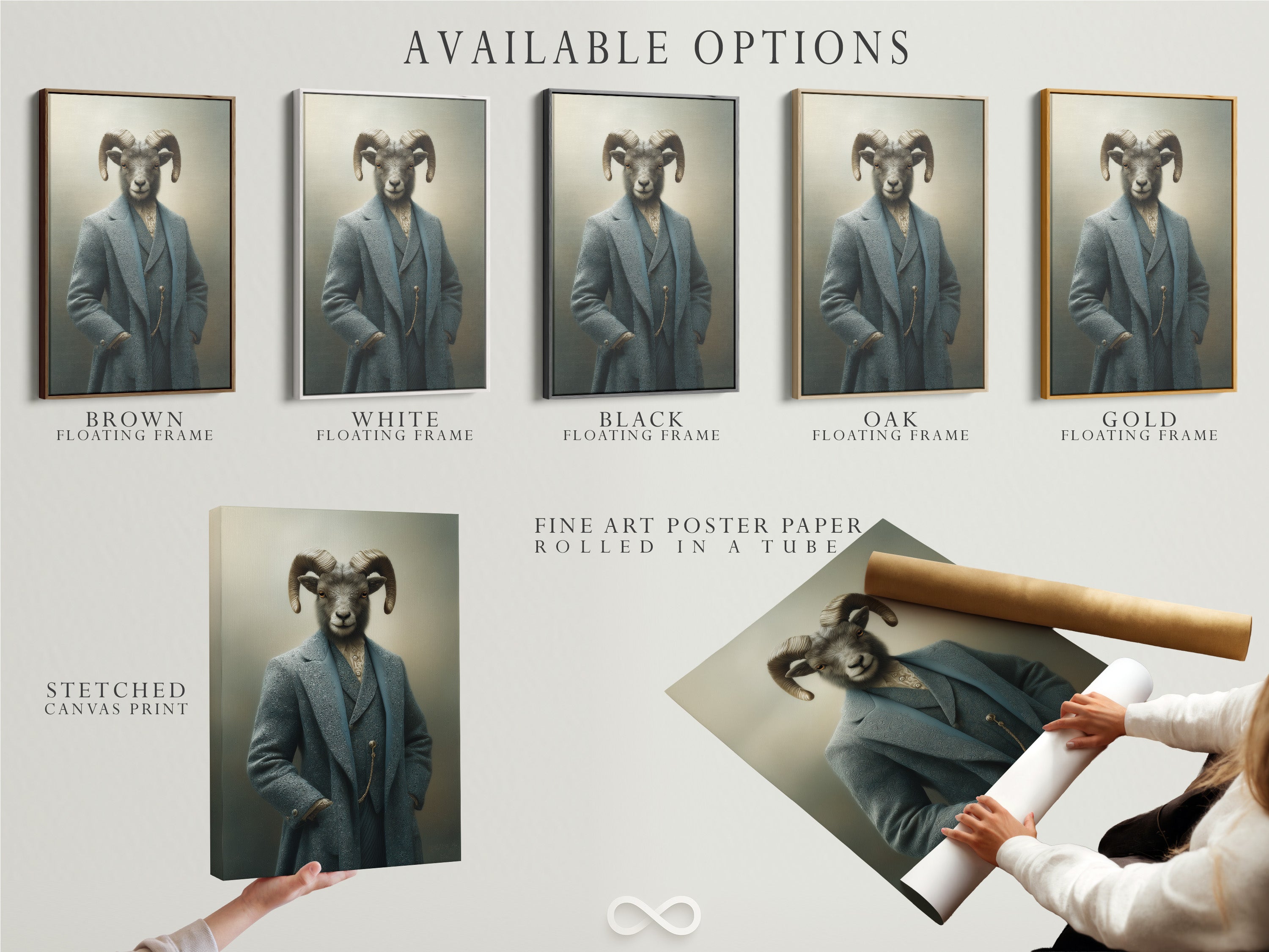 Available options for the Ram Portrait artwork are displayed including a stretched canvas print fine art poster paper and floating frame. Choose the perfect option to suit your style and decor needs. This artwork is perfect for eclectic or office styles.